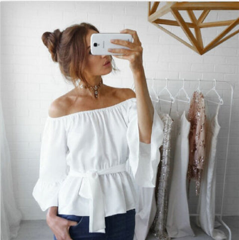 Sexy Flare Sleeve Blouse Summer Off Shoulder Shirts Et Chemisier Femme Fashion Chiffon Top Pink Elegant Sweet Girls Loose Solid