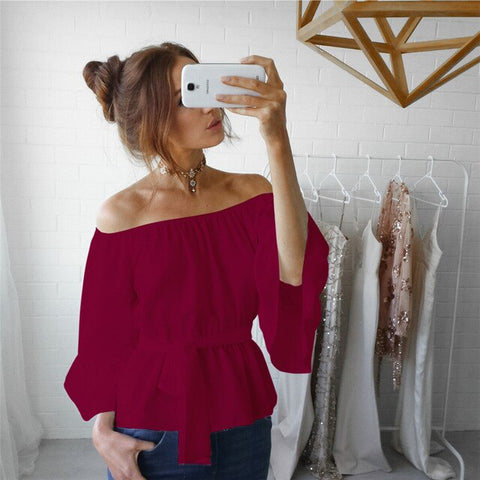 Sexy Flare Sleeve Blouse Summer Off Shoulder Shirts Et Chemisier Femme Fashion Chiffon Top Pink Elegant Sweet Girls Loose Solid