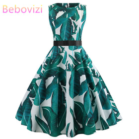 Bebovizi Fashion 2019 Summer Women Hepburn 50s Vintage Floral Print Sleeveless Retro Swing Casual Elegant Party Bandage Dress