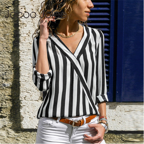 Jocoo Jolee Women Striped Long Sleeve Blouse V-neck Shirts Casual Tops Blouse et Chemisier Femme Blusas Mujer de Moda 2019